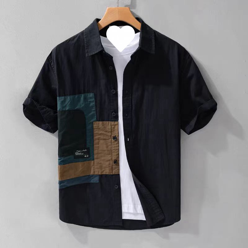 个性撞色拼接衬衫男短袖设计感寸衣服小清新潮流时尚帅气夏季