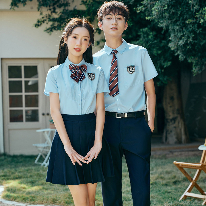 七谷娘学生校服蓝色短袖衬衫女学院风衬衣套装幼师夏工作服衬衣裙
