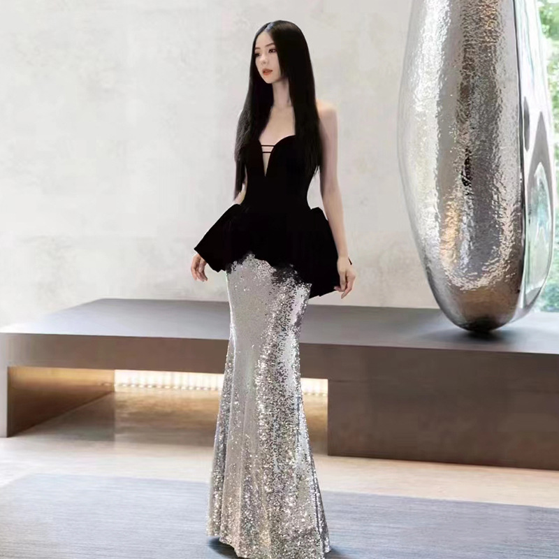 晚礼服女2025新款黑色高级感抹胸宴会气质鱼尾连衣裙轻奢小众
