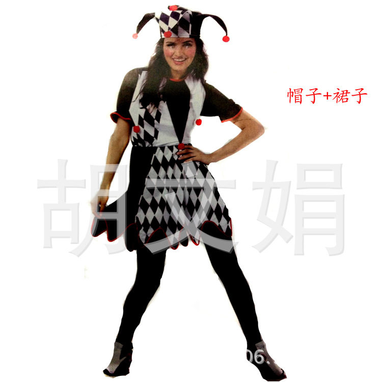 万圣节成人服装成人小丑装扮服黑白拼接小丑服装带帽子连体小丑服