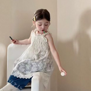 女童背带裙2025夏季 新品 甜美刺绣牛仔裤 蕾丝花边吊带公主裙套装