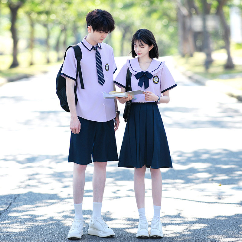 夏季学院风JK制服校服套装学生紫色衬衫初中高中毕业照演出服班服