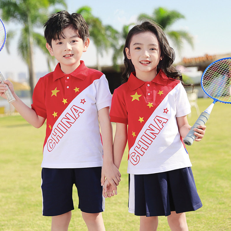 班服小学生夏季短袖套装红色中国风儿童运动校服两件套幼儿园园服