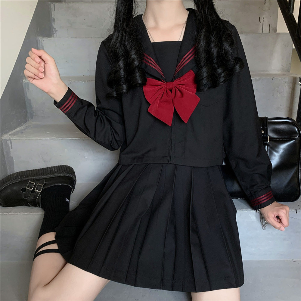 黑色赤三本正统jk制服不良长裙中间服基础款水手服日系校服女套装