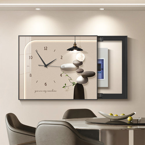 电表箱装饰画带钟表石来运转餐厅电闸箱信号箱遮挡挂画免打孔时钟