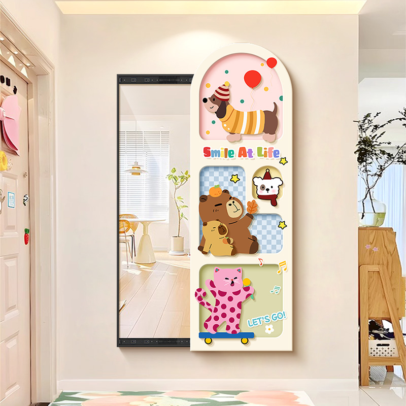 推拉镜卡通多巴胺奶油风创意全身镜壁挂隐藏式镜子卧室化妆试衣镜