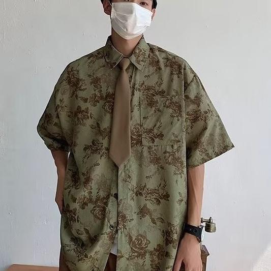 夏季薄款冰丝短袖碎花衬衫男女款潮牌宽松情侣休闲衬衣
