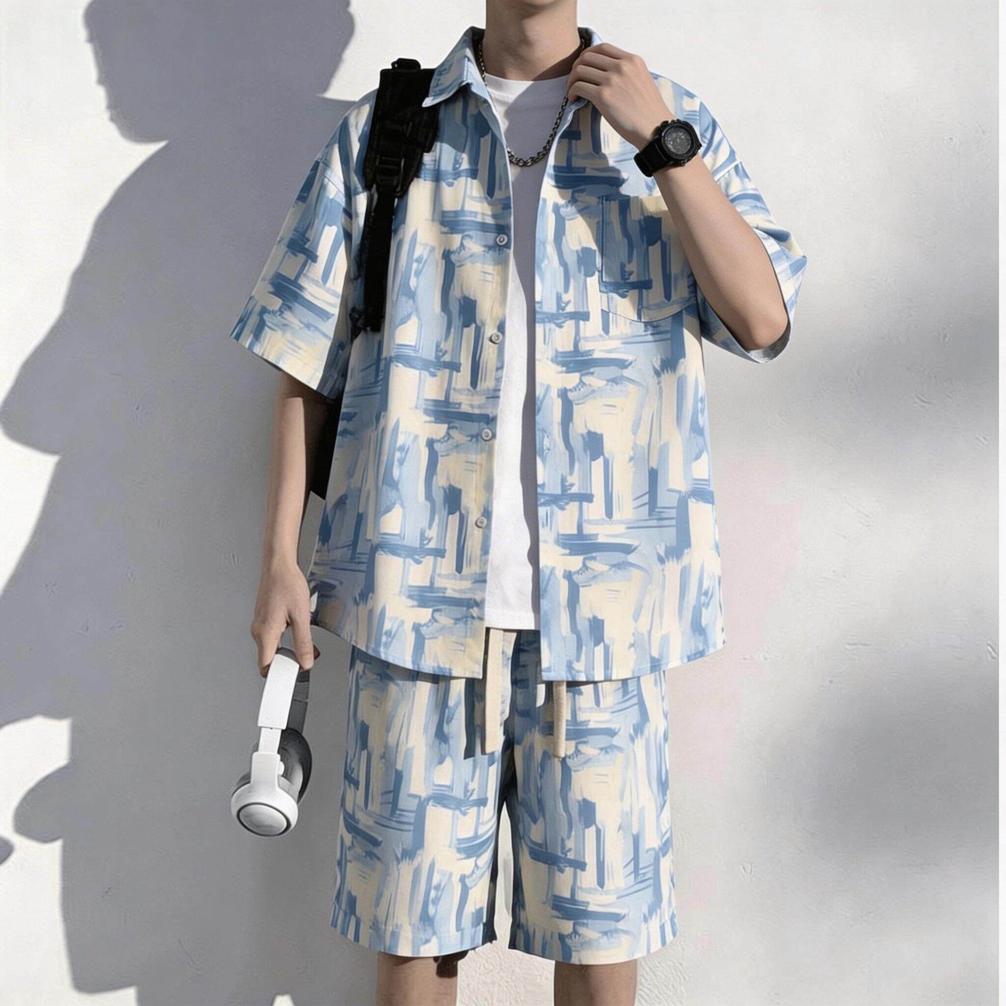 缎感冰丝衬衫男夏季速干沙滩花短裤夏威夷海边大码宽松情侣套装潮