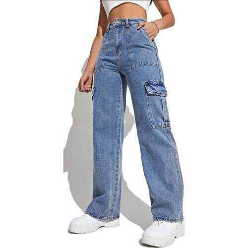 Casual multi pocket straight leg jeans wmen pants 袋牛仔裤
