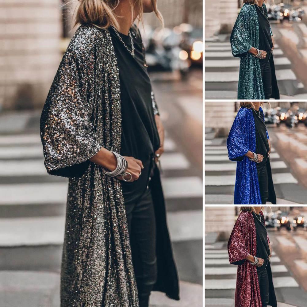 New Gold Sequins Sexy Long Cardigan Elegant Casual Women Ful