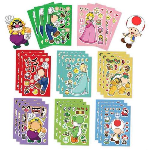 32Sheets Children DIY Puzzle Sticker Mario Face Funny Anime