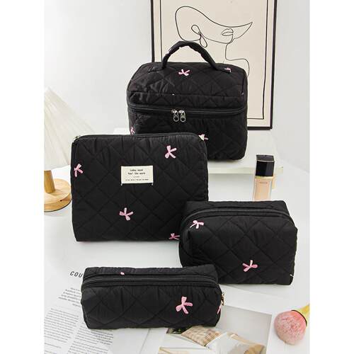 1pc/set black bow quilted makeup bag, bow makeup bag, zipper