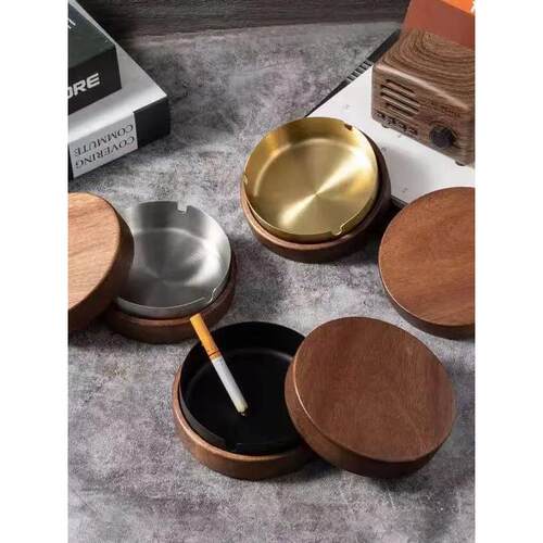 Retro ashtray with wooden lid, creative light luxury, home,