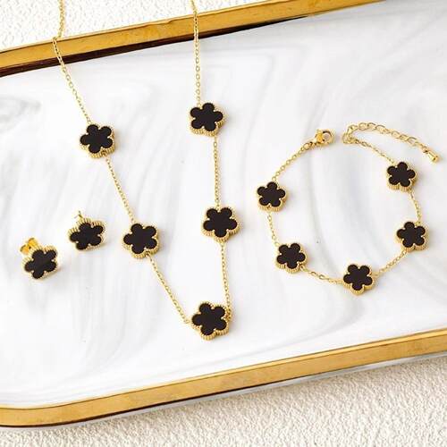 3Pcs 18k Gold-Plated Five-Leaf Flower Necklace Earrings Brac