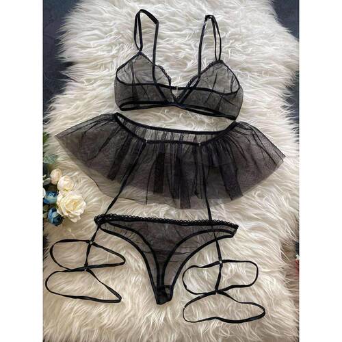 Mesh see-through lace three-point skirt sexy lingerie