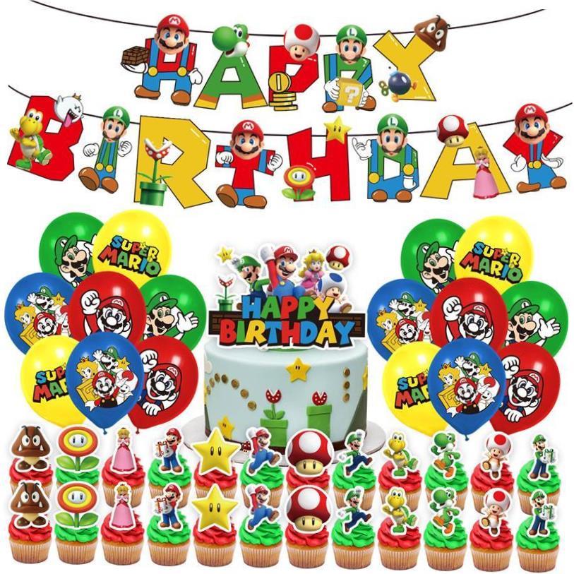 Mario Theme Birthday Party Decoration Mario Flag Cake Card