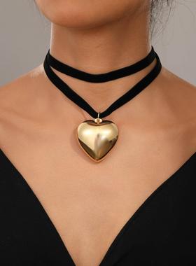 Double layered velvet heart-shaped collar necklace耳环