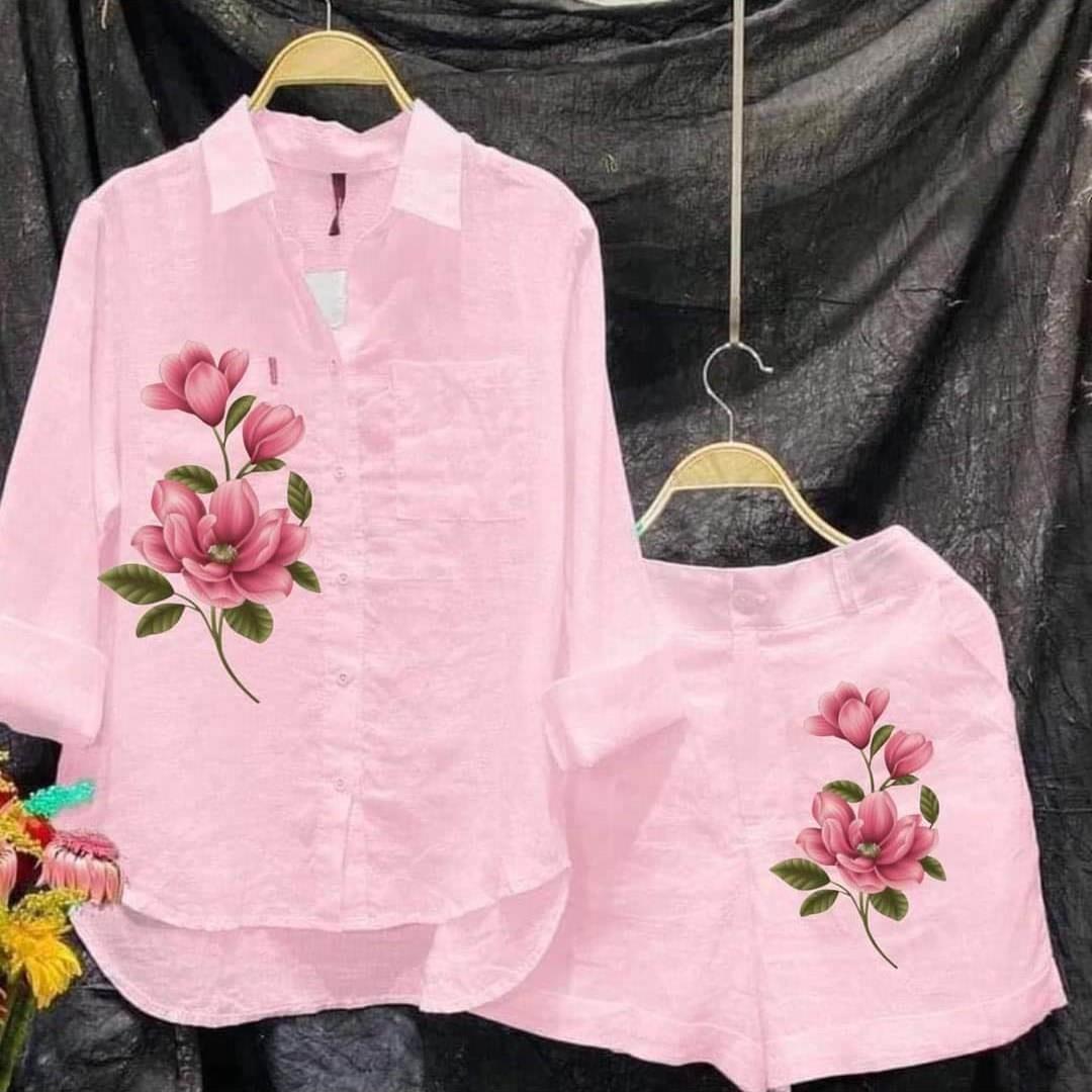 亚马逊跨境时尚新款大码女装烫图衬衫套装女休闲两件套