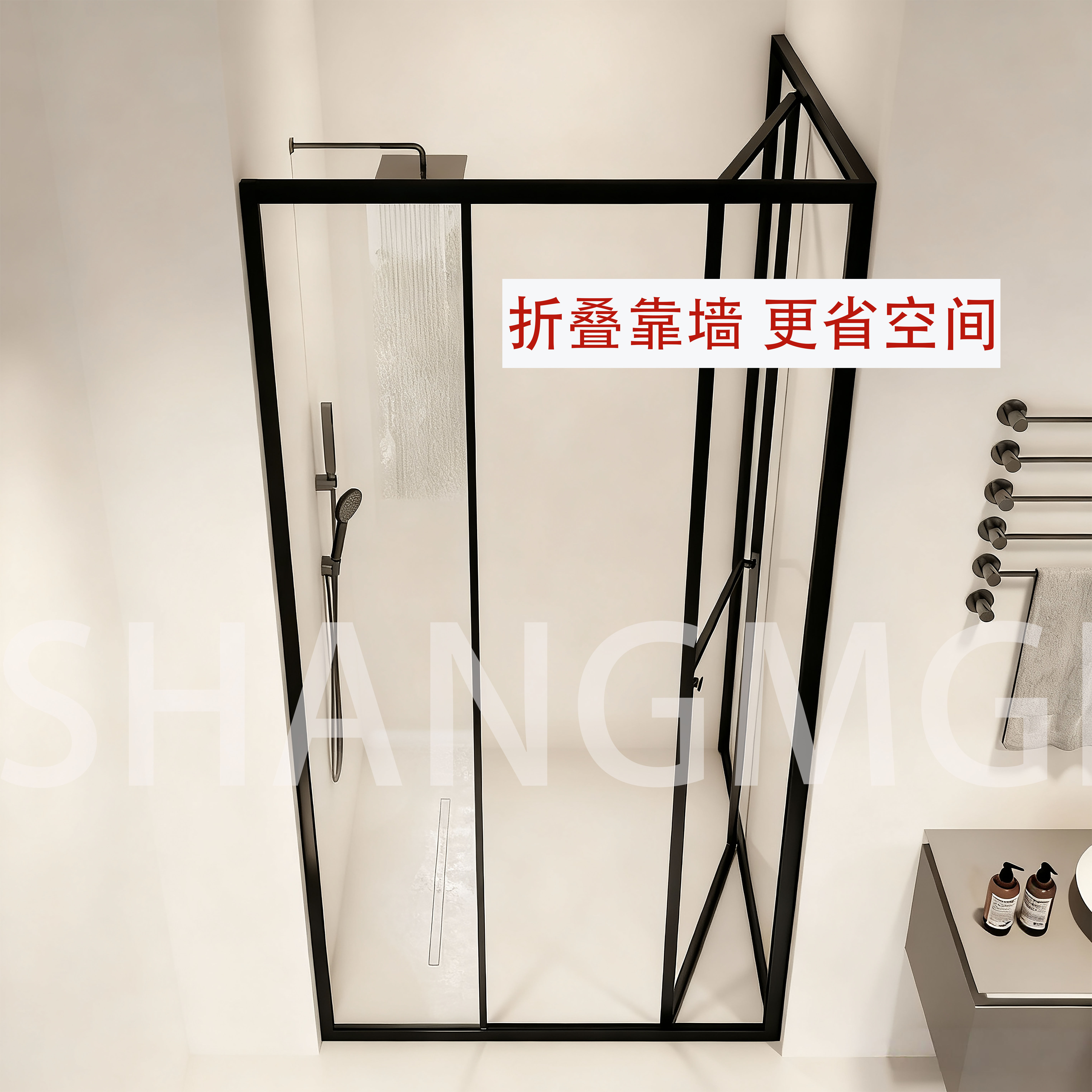 全包框侧滑门淋浴房一体式家用内折飞门玻璃干湿分离直角L型隔断