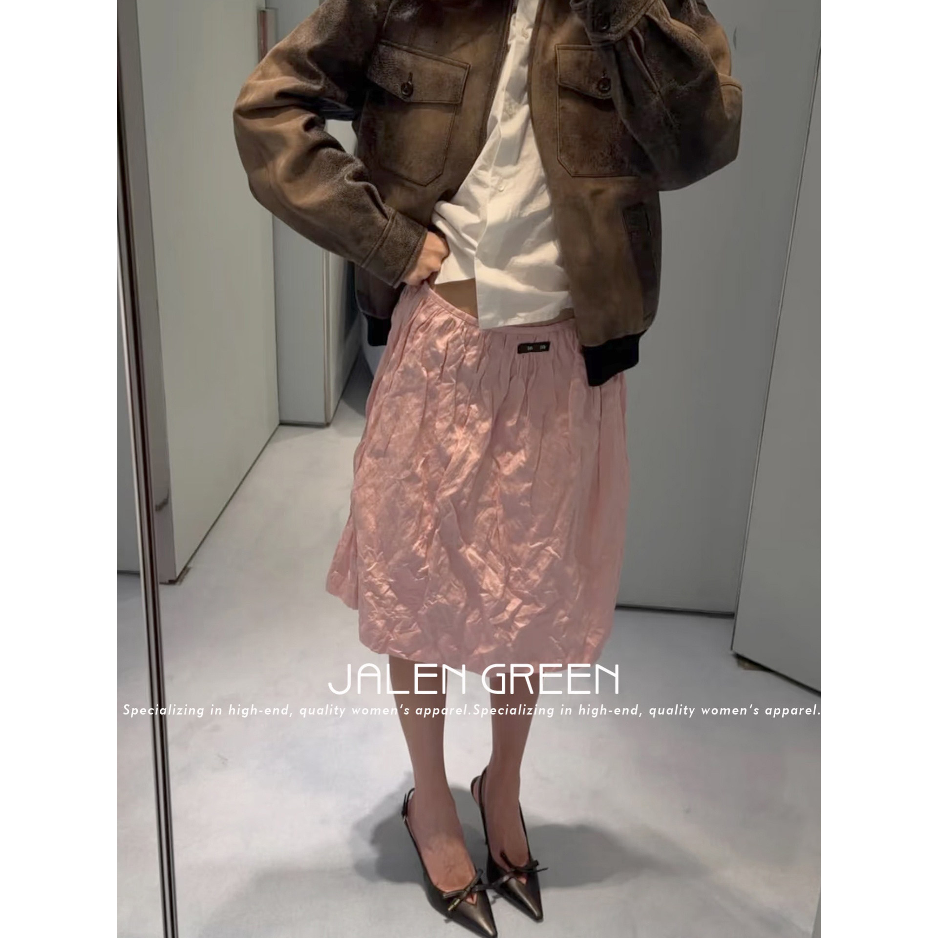 JALEN GREEN 古着甜妹!1-21/少女感粉色褶皱设计蓬蓬裙半身裙子女