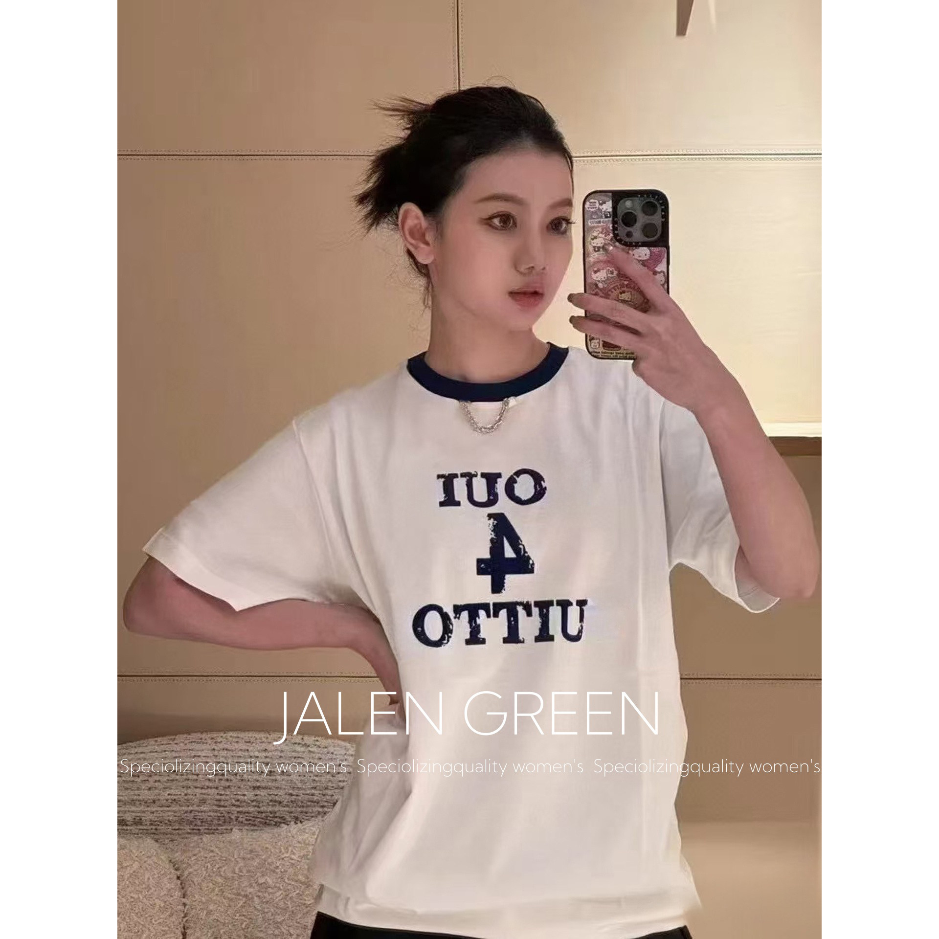 JALEN GREEN/千金公主！26s字母印花落肩袖少女T恤宽松白色女短袖