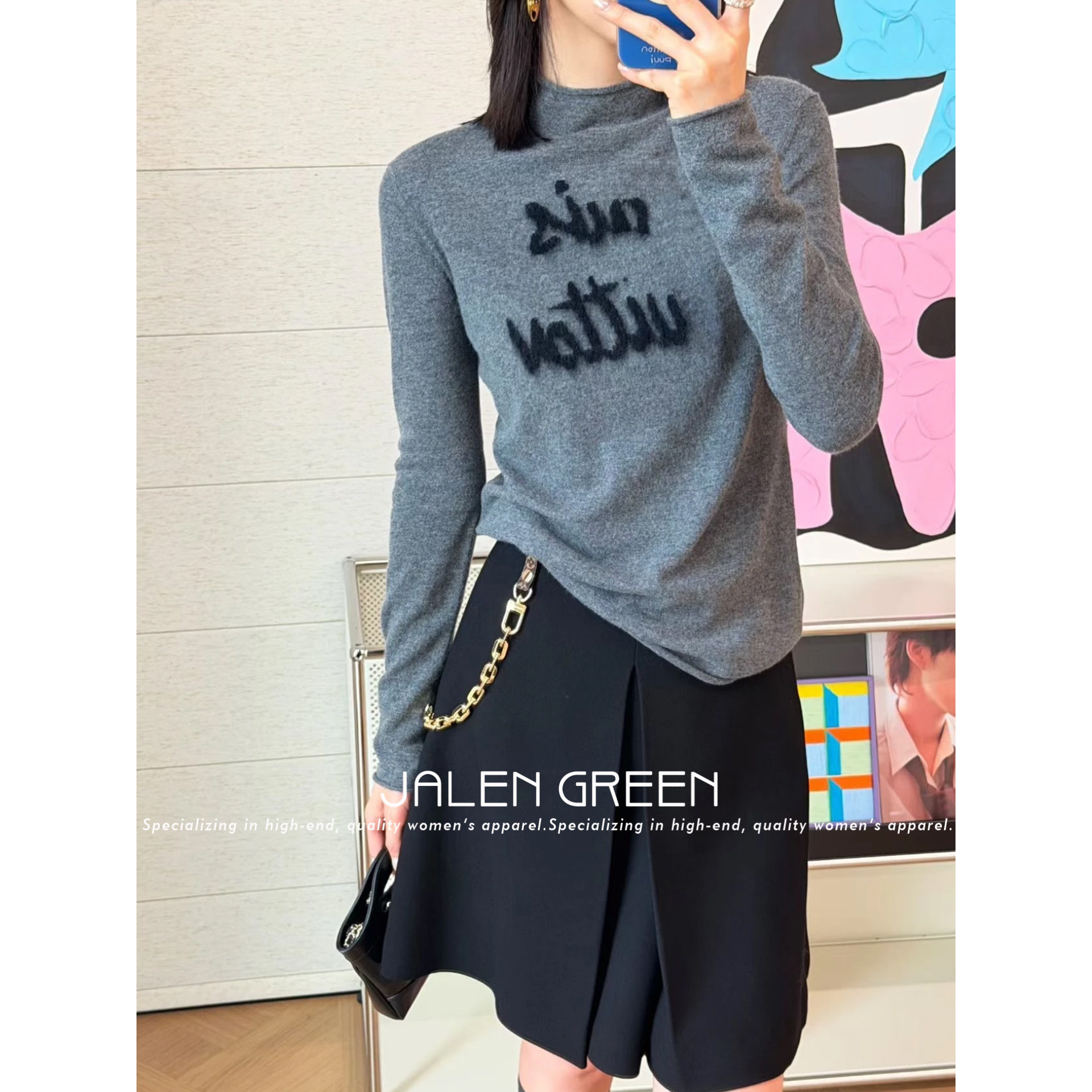 JALEN GREEN 美女都爱穿灰色!1-13/字母抓绒刺绣卷边领长袖毛衣女