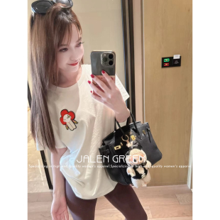 白色永远不会出错 JALEN 可爱卡通插画复古风女T恤 GREEN