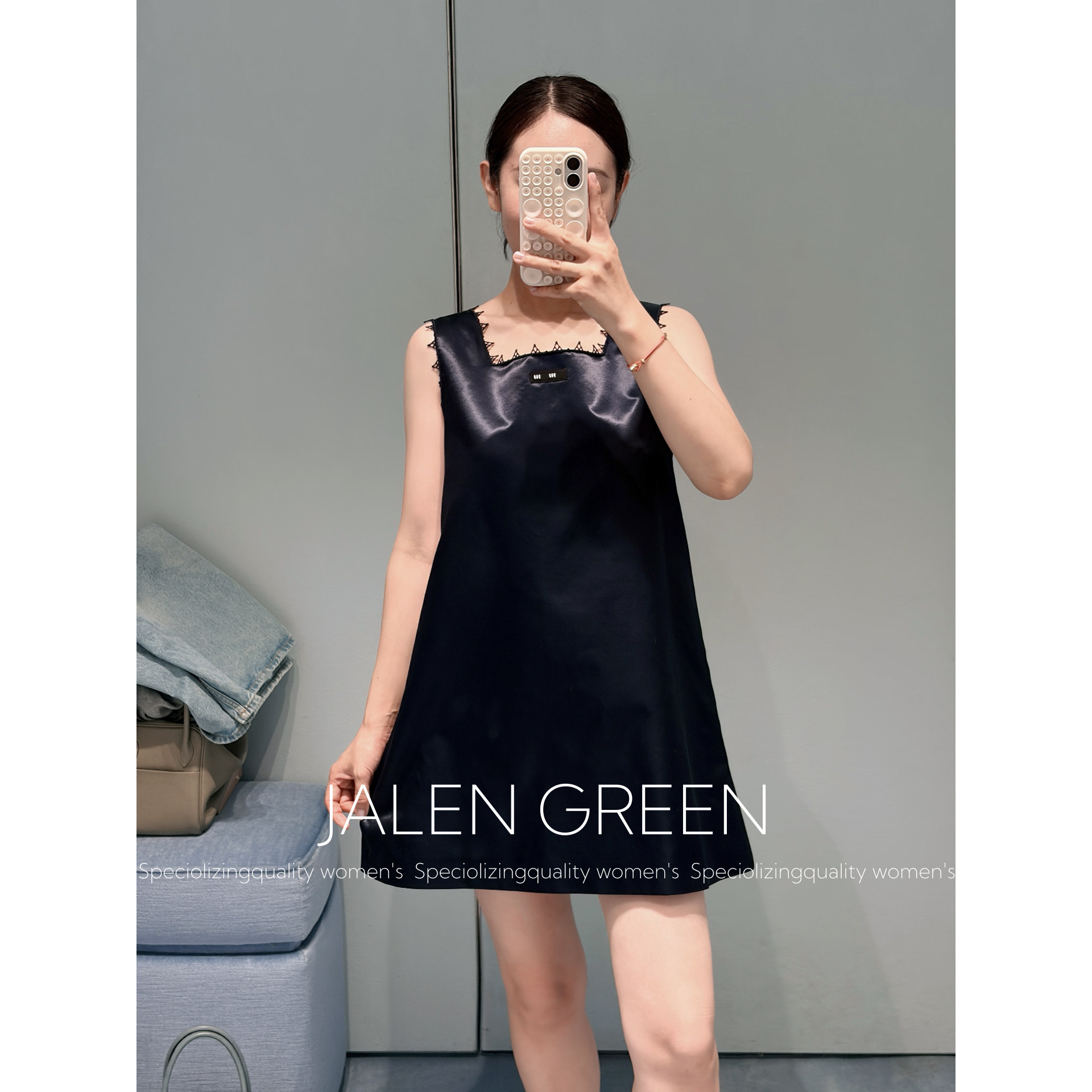 JALEN GREEN/自带光泽感！新款缎面蕾丝方领宽松显瘦背心连衣裙女
