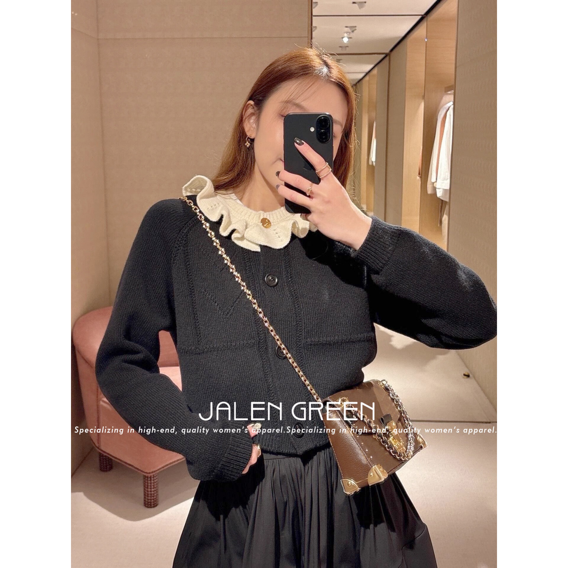 JALEN GREEN 千金贵气!1-21/荷叶领雕花长袖绵羊毛针织开衫毛衣女