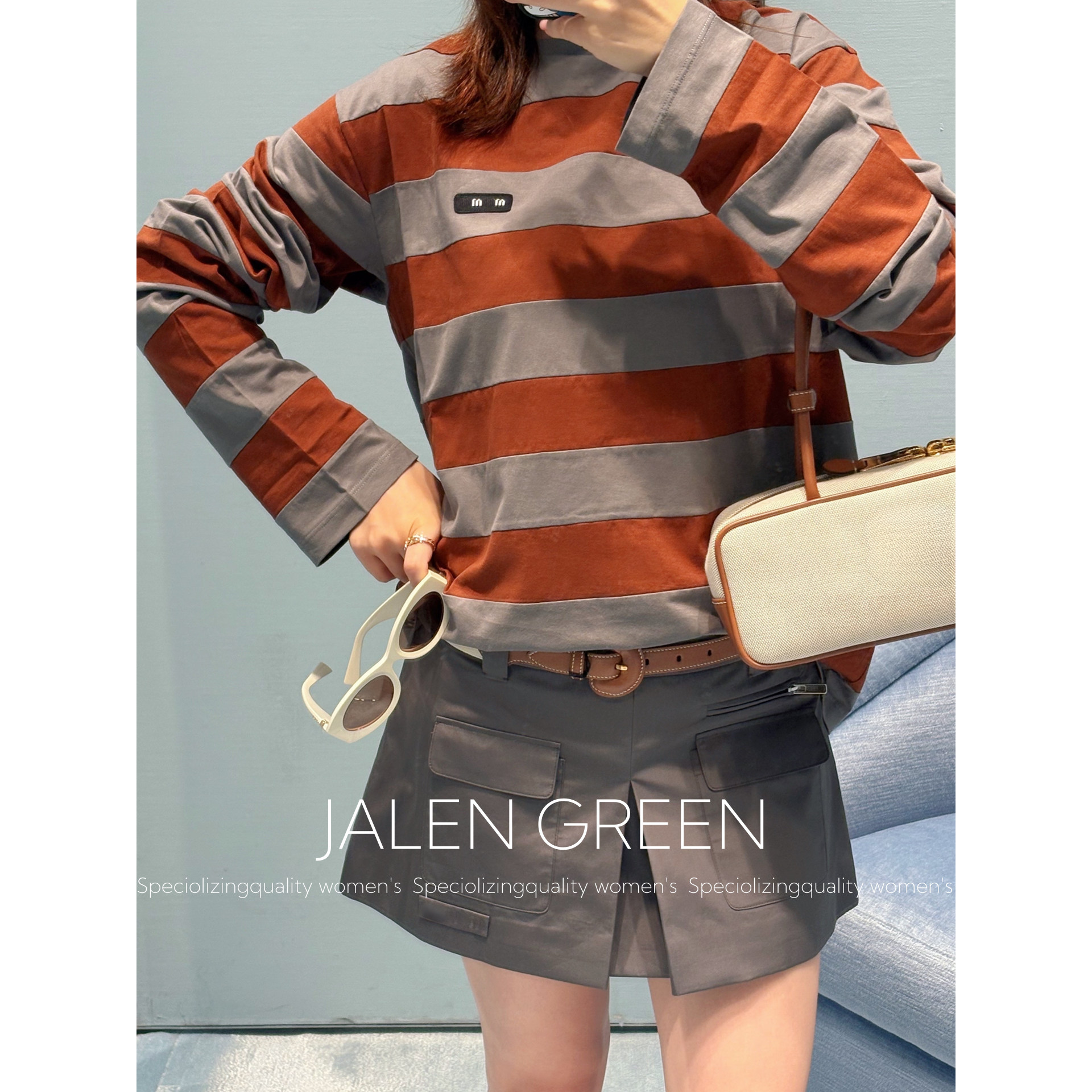JALEN GREEN/松弛感拉满！ 26ss休闲风长袖棕灰撞色条纹上衣女t恤