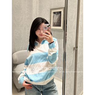 22香香软软蓝配白 蓝白条纹POLO领宽松针织上衣女 GREEN JALEN