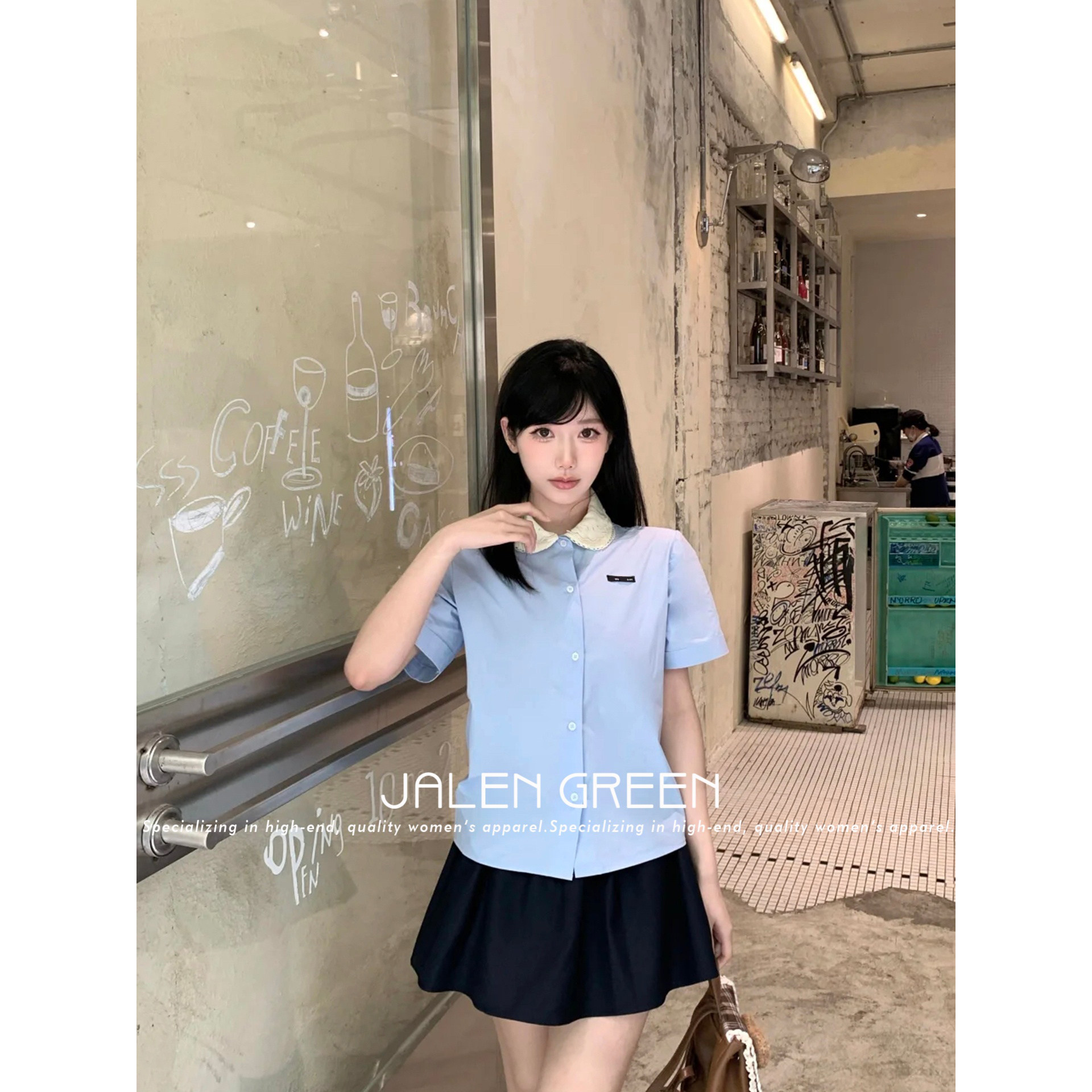 JALEN GREEN/叛逆学院姐！26ss学院风娃娃领衬衫女短袖白蓝色衬衫
