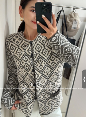 JALEN GREEN 老钱姐感!1-14/几何图案贴边口袋羊绒针织开衫外套女