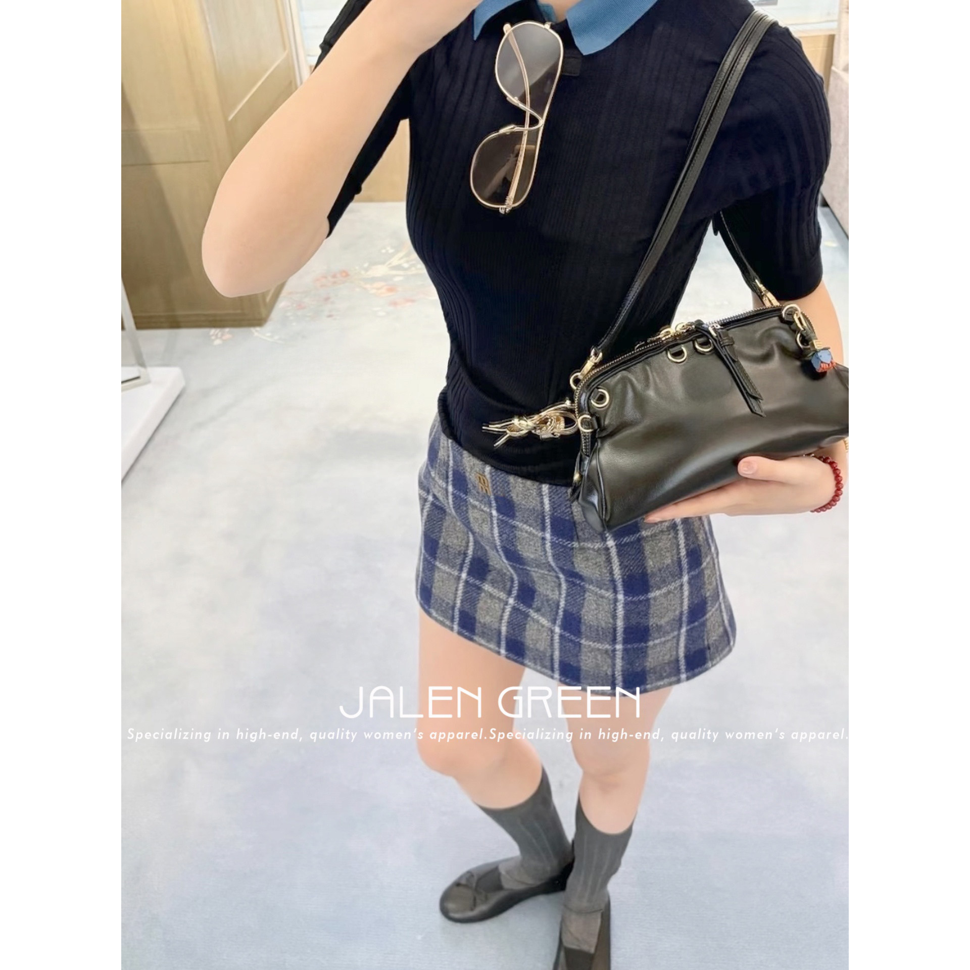 JALEN GREEN 复古甜辣!1-21/灰蓝格子开衩双面呢子超短半身裙子女,女装/女士精品,半身裙,淘宝优惠券,粉丝福利购,淘宝优惠卷