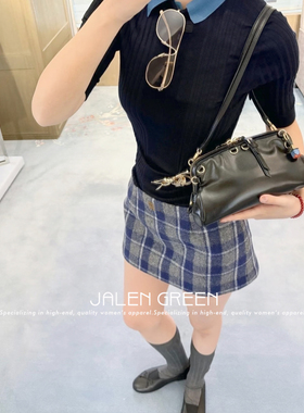 JALEN GREEN 复古甜辣!1-21/灰蓝格子开衩双面呢子超短半身裙子女