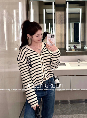 JALEN GREEN经典复古!1-26/海军领黑白条纹长袖宽松针织开衫女款