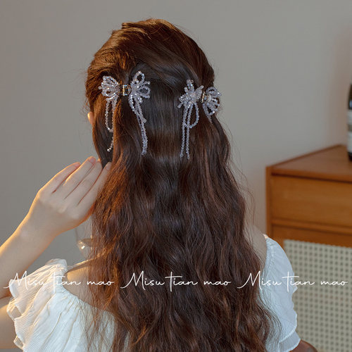 抓夹女高级感2025新款发夹侧边水晶流苏蝴蝶结小号夹子头饰发卡