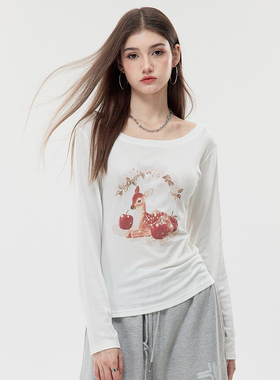 Nova Street 鹿见苹果 天丝长袖上衣印花打底松弛休闲白T恤女秋冬