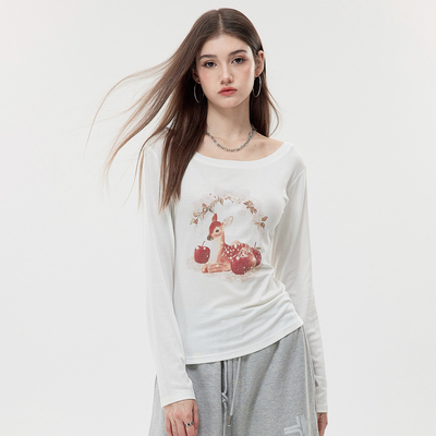 Nova Street 鹿见苹果 天丝长袖上衣印花打底松弛休闲白T恤女秋冬