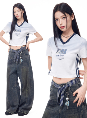 NovaStreet 复古漫画印花T恤 撞色喷马骝少女原创卡通短袖V领女夏