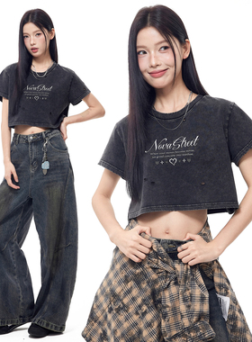 NovaStreet 做旧短款T恤炒雪花黑宽松字母印花有设计感上衣街舞女