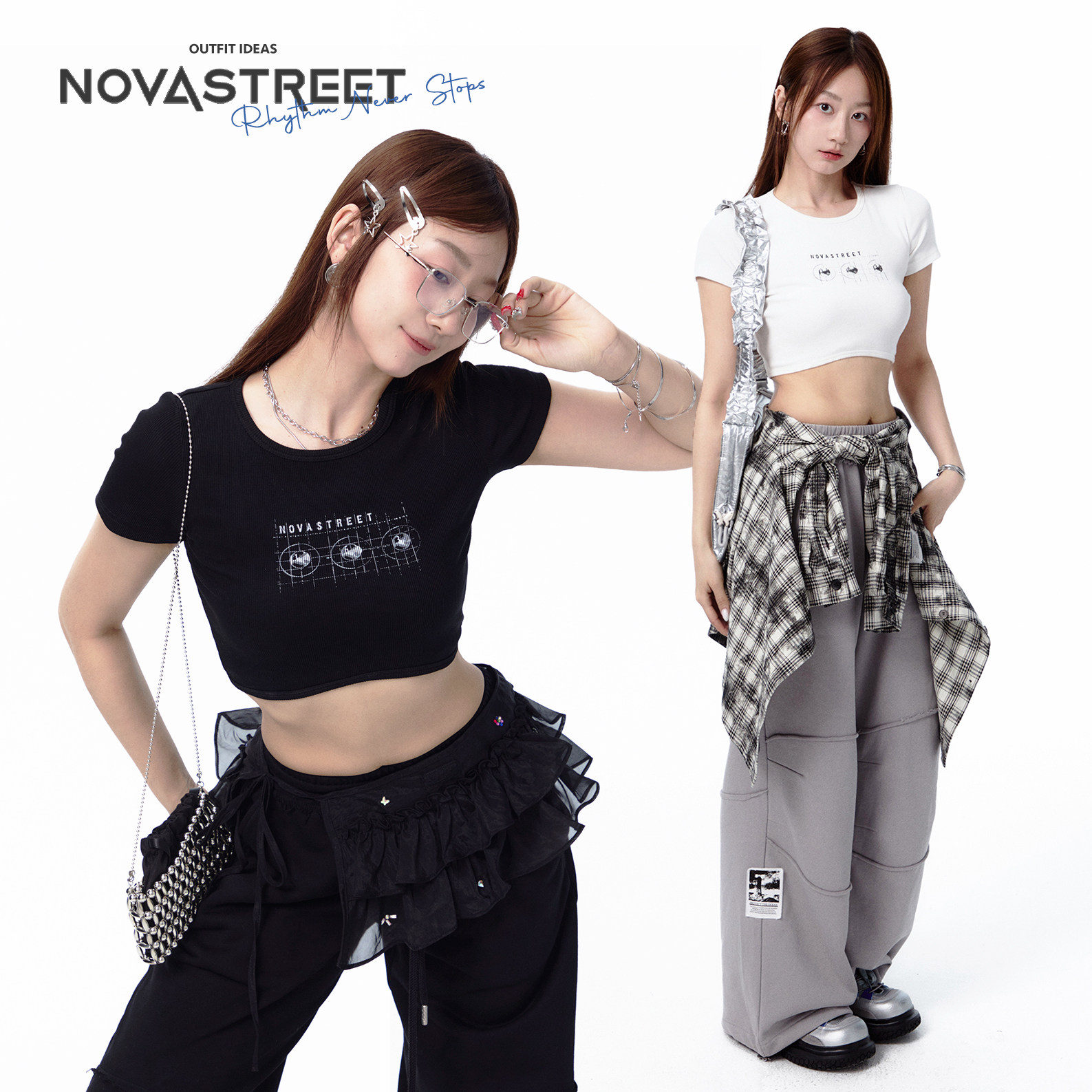 NovaStreet 街舞修身T恤短袖短款正肩上衣印花辣妹潮牌爵士舞女夏 - 实物图