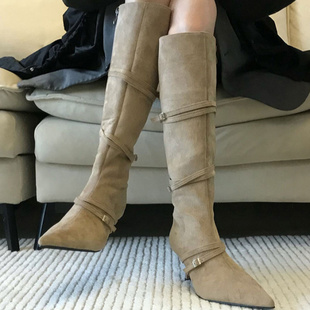 两穿牛皮流行爆款靴子女长筒靴小个子卡其色尖头细跟高跟瘦瘦女靴