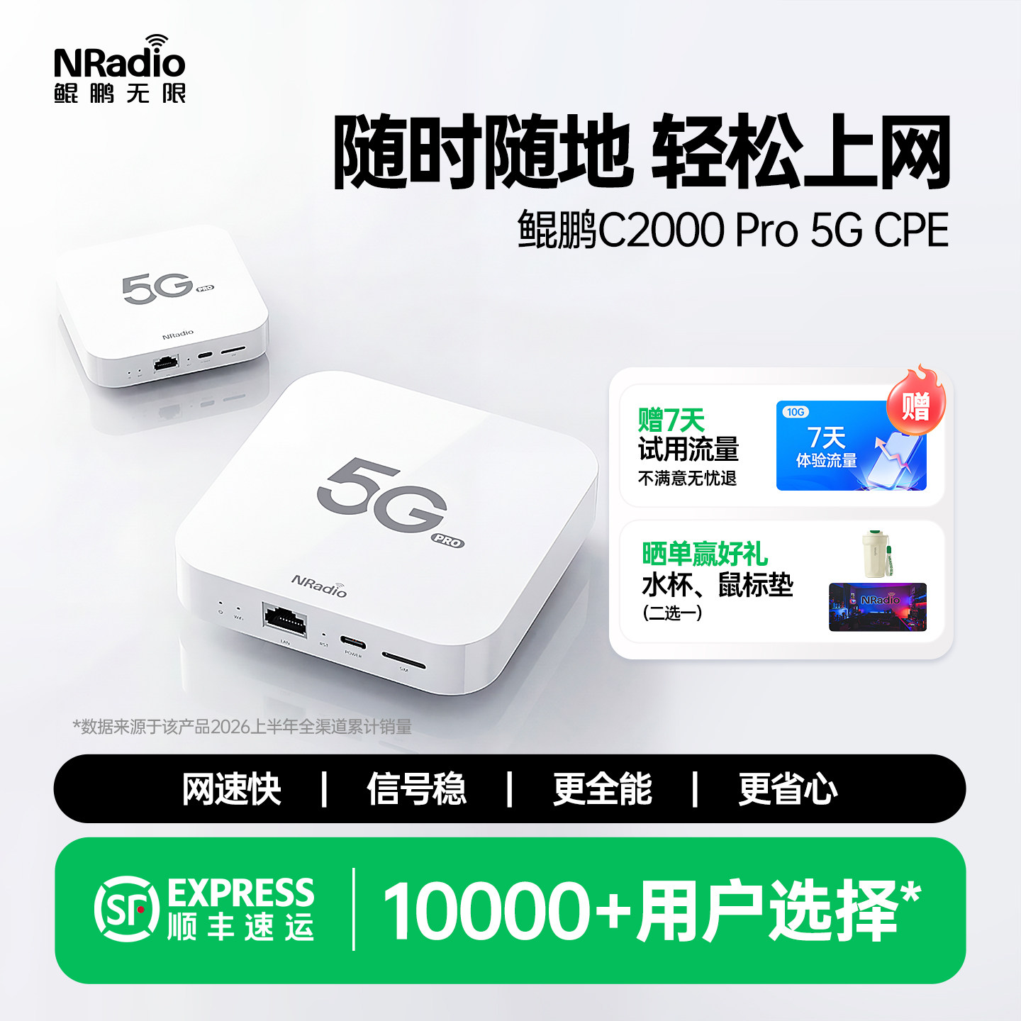 鲲鹏无限C2000Pro 5G CPE路由器插卡移动无线wifi随身wifi千兆网口便携式租房家用随行CPE无线上网设备全网通