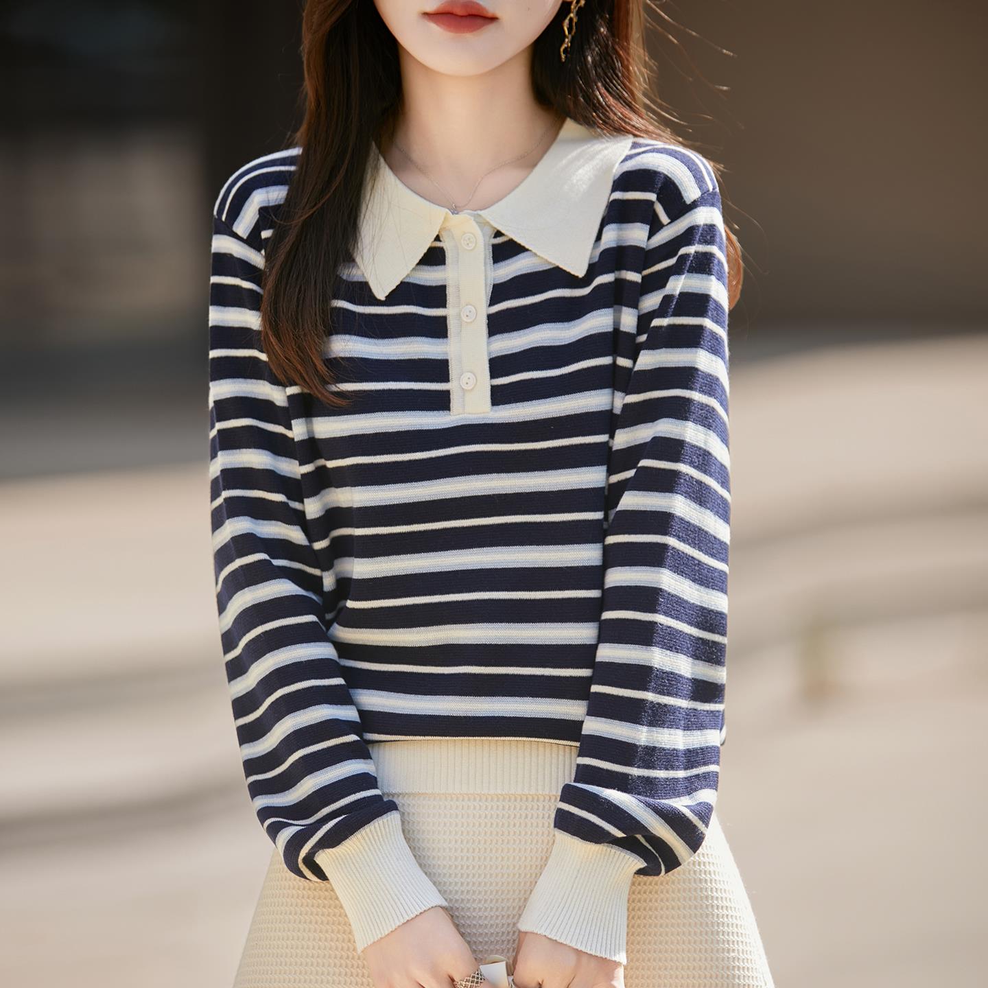 ROUMIKL法式撞色条纹POLO领精纺细毛针织衫毛衣女2025新款显瘦打