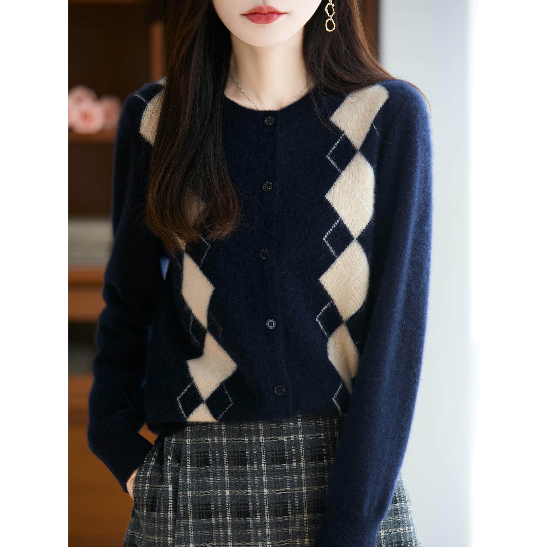 ROUMIKL法式覆古菱格提花100纯针织开衫女2025秋冬保暖打底毛衣外