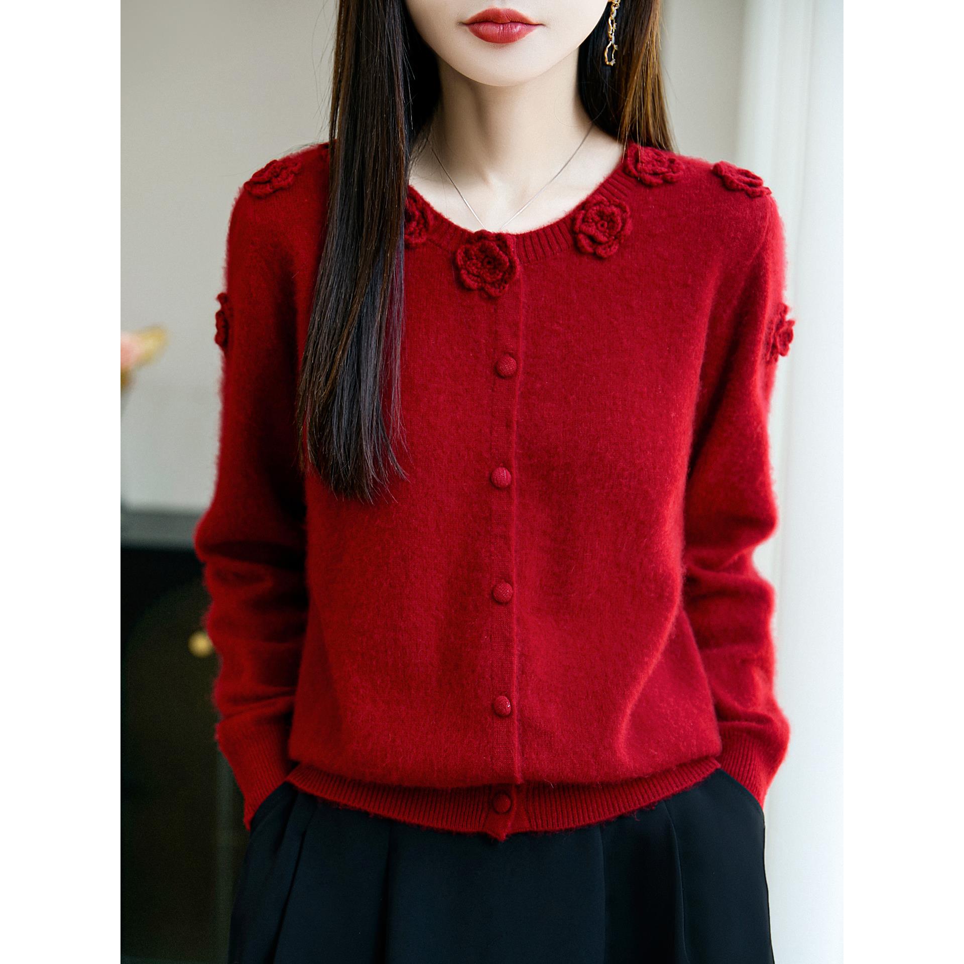 ROUMIKL法式重工立体花朵100纯针织开衫女2025新款时髦洋气外套毛