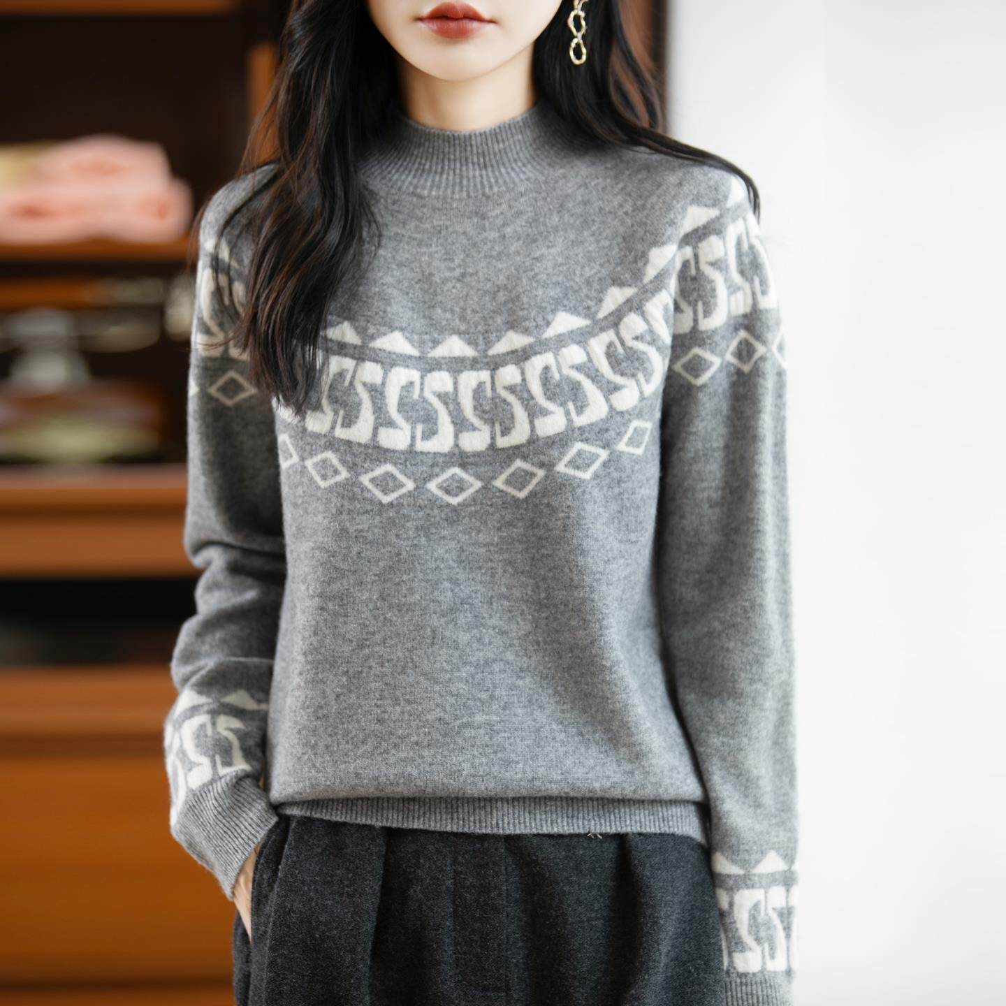 ROUMIKL法式无缝费尔岛提花针织100衫女半高领打底保暖毛衣2025新