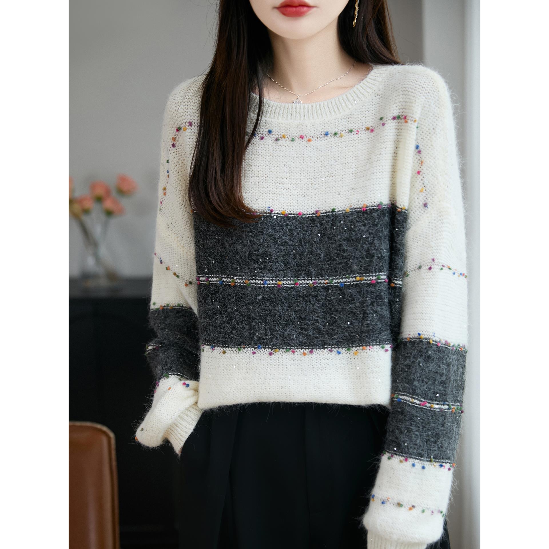 ROUMIKL法式高端慵懒条纹亮片针织衫女2025秋冬新款加厚保暖巨好