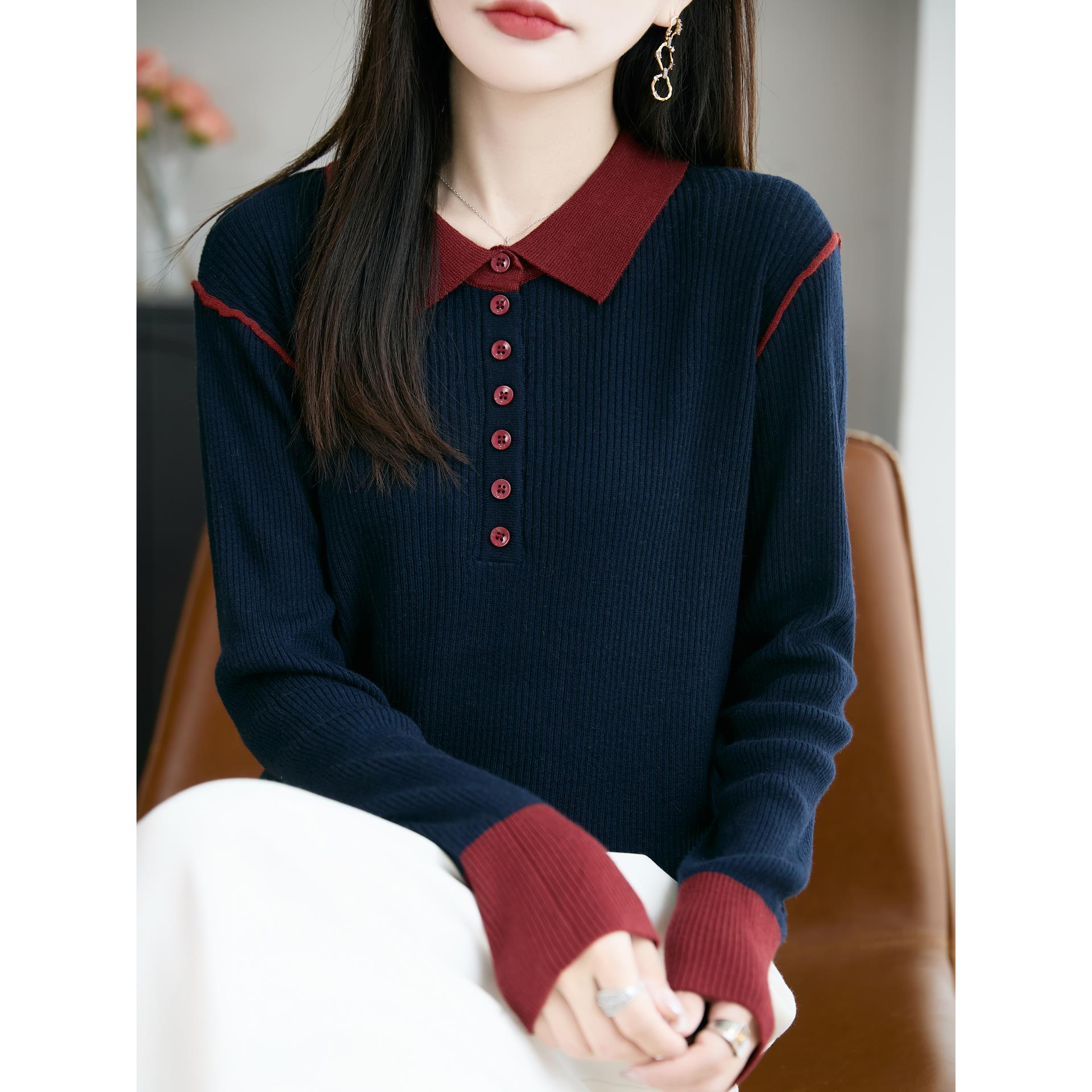 ROUMIKL法式高端撞色POLO领针织衫女2025新款时髦洋气显瘦保暖打